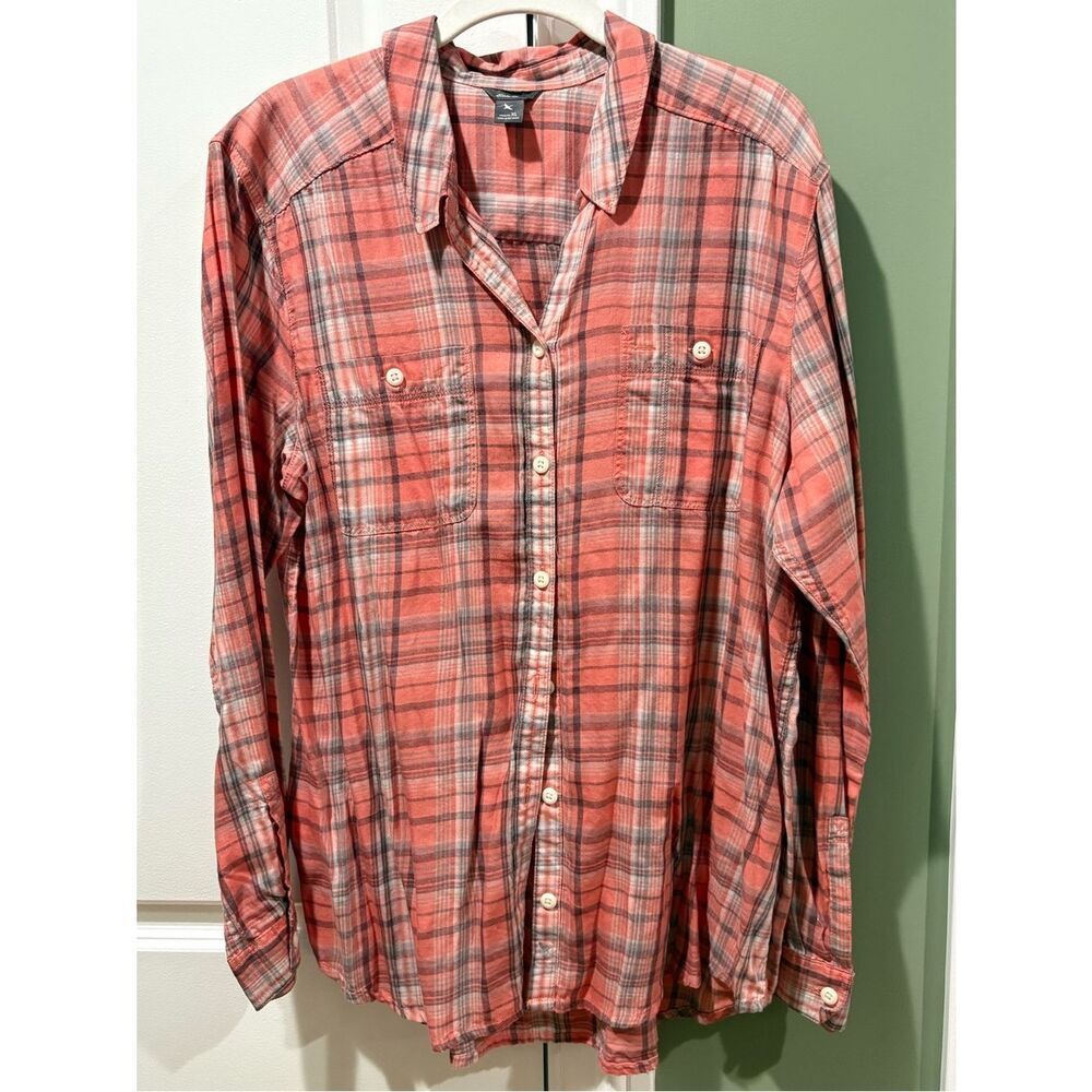 Eddie Bauer Coral and Gray Plaid Button-Down Shirt